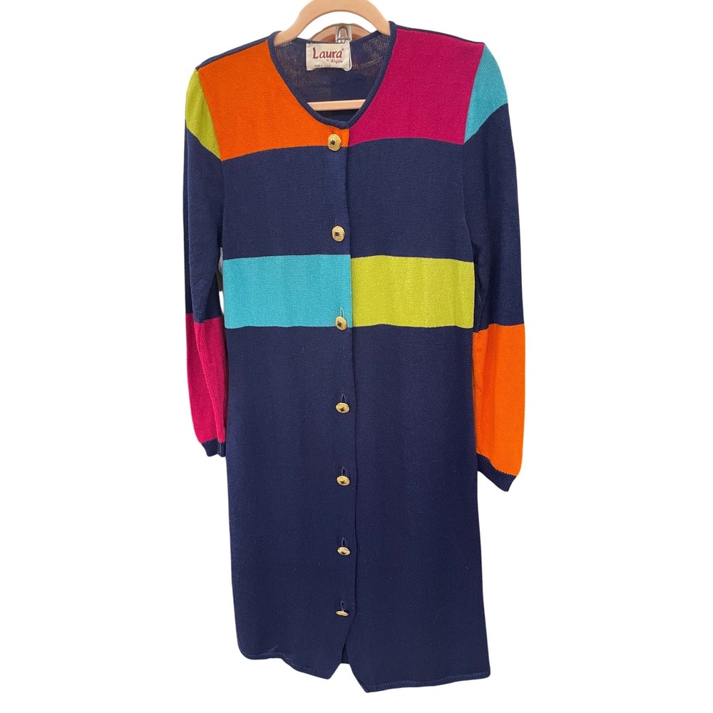 Vintage 80s Colorblock Dress Longline Cardigan Navy‎ Bright Knit Made USA
